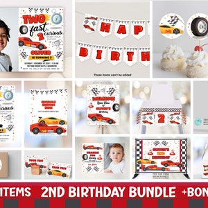 Two Fast Birthday Invitation Bundle, Two Fast Two Curious Party Invite, Race Car Party 2nd Birthday Boy Corjl CA11