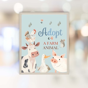 Decoraciones de cumpleaños de animales de granja, plantilla de letrero de cumpleaños, letrero "Adopta un animal de granja", tema de segundo cumpleaños de niño, letrero para fiesta de cumpleaños de granja FA18