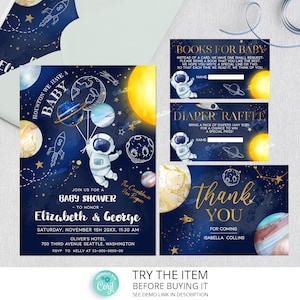 Space Baby Shower Invitation Bundle. Galaxy Baby Shower Set. Moon Baby Shower Boy Invite, Planets Baby Shower Outer Space SP11