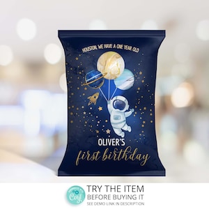 Outer Space Chip Bag Template Instant Download with Nutritional Label •Trip Around the Sun Birthday Chip Bag Galaxy Party Boy Favors SP145