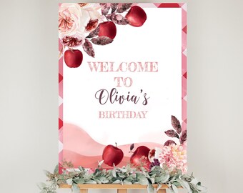 Letrero de bienvenida de cumpleaños de manzana editable / Decoración de cumpleaños de la manzana de nuestros ojos / Letrero de cumpleaños de recolección de manzanas A5