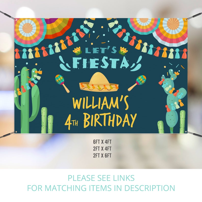 K&ouml;nnte beinhalten: Ein blaues und gr&uuml;nes Geburtstagsbanner mit Fiesta-Thema. Es zeigt einen Sombrero, Maracas, Kakteen und den Text "Let's Fiesta William's 4th Birthday".