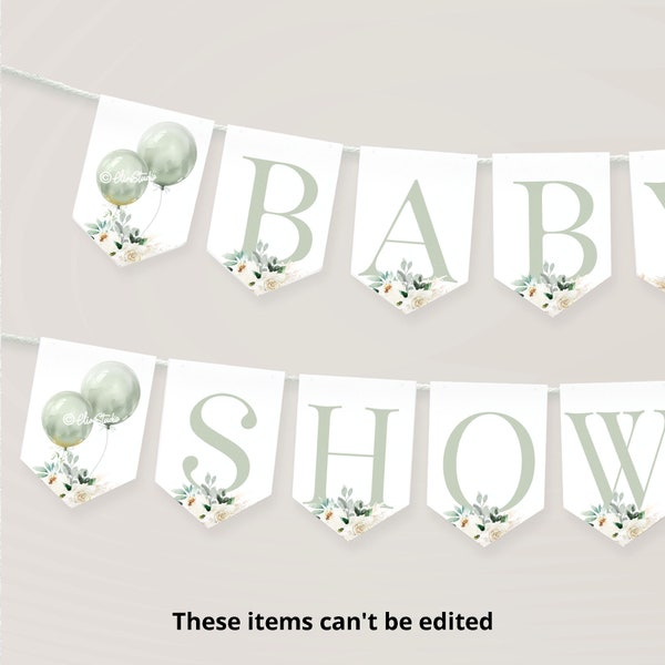 Sage Green Baby Shower Bunting Banner Gender Neutral Baby Shower Flags Floral Bunting Garland Template Baby Shower Printable Banner BB30