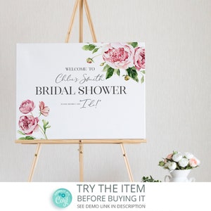Editable Floral Bridal Shower Welcome Sign Peony | Peony Watercolor Bridal brunch Sign, Blush Bridal Shower Sign Template  /629