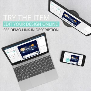 May include: A laptop computer displaying a design template for a birthday party label. The label features a blue and white space-themed design with planets, stars, and the text "Oliver's 3rd Birthday". The laptop is on a gray surface with a smartphone displaying the same design template.