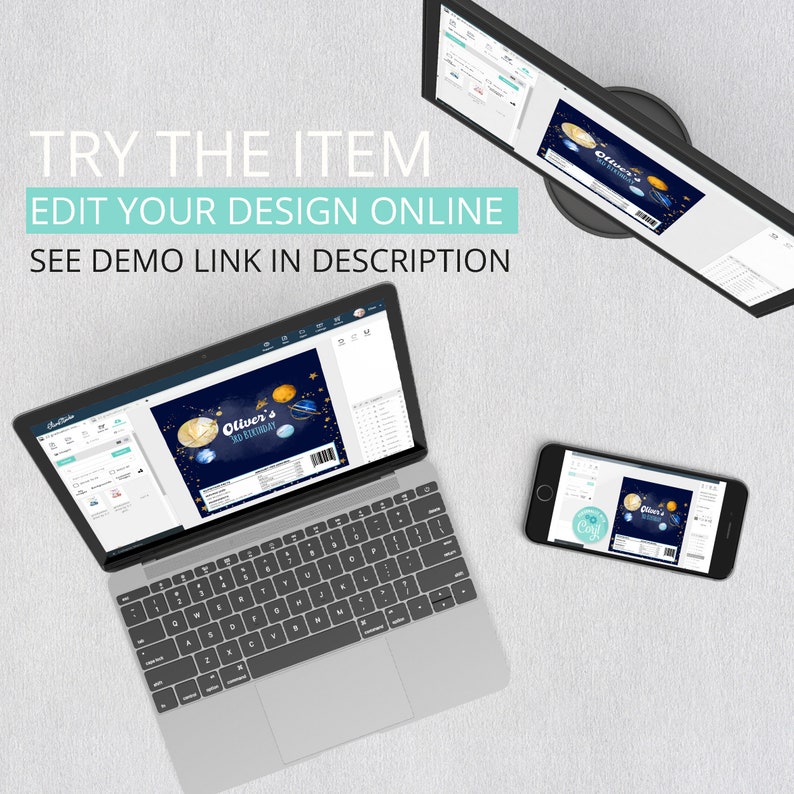 May include: A laptop computer displaying a design template for a birthday party label. The label features a blue and white space-themed design with planets, stars, and the text "Oliver's 3rd Birthday". The laptop is on a gray surface with a smartphone displaying the same design template.