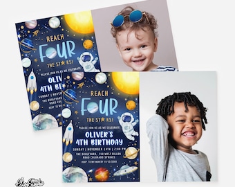 Reach For The Stars Invitation, Outer Space Birthday Invitation, 4th Birthday Invite Boy, Astronaut Birthday Party Invitation SP596