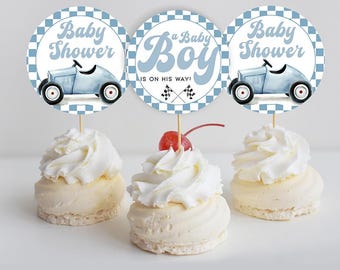 Baby Shower Boy, Cupcake Toppers, Vintage Race Car Baby Shower Decor Digital Download, Baby Shower Treats CA129
