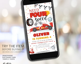 Need Four Speed Birthday Invitation, Phone Invite, 4th Birthday Party Invitation, Racing Birthday, Race Car Birthday, Digital Invite CA48