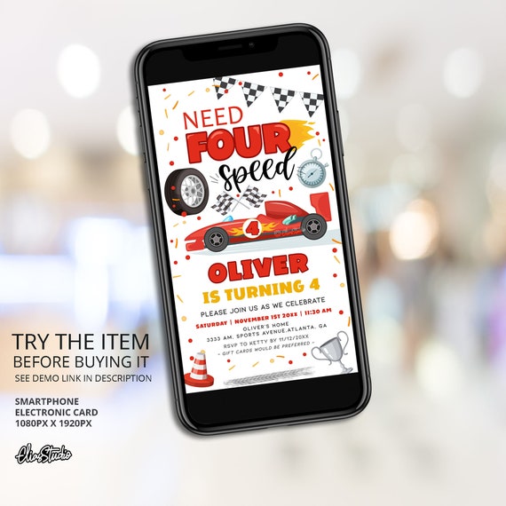Need Four Speed Birthday Invitation, Phone Invite, 4th Birthday Party Invitation, Racing Birthday, Race Car Birthday, Digital Invite CA48