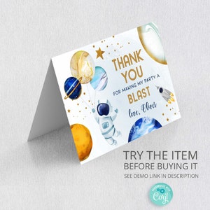 Outer Space Birthday Folded Thank You Card Template, Printable Thank You Card, Space Birthday Boy Trip Around The Sun Decor SP395