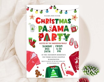 May include: A Christmas pajama party invitation with a red, green, and white color scheme. The invitation features a festive illustration of pajamas, a gingerbread man, a candy cane, and a mug of hot chocolate. The text reads "Please join us for Christmas Pajama Party" and includes the date, time, and location of the party.
