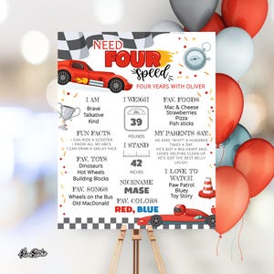 以下が含まれることがあります： レースカーをテーマにしたパーソナライズされた誕生日ポスター。「Need Four Speed」と「Four Years with Oliver」の文字が含まれています。子供の体重は17.69 kg、身長は106.68 cmと記載されています。好きな色は赤と青です。
