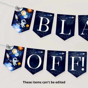 Blast Off Birthday Garland Silver Outer Space Happy Birthday Banner Galaxy First Birthday Party Decorations Bunting Banner Template SP487