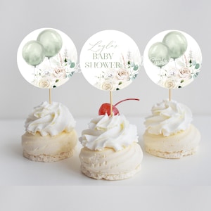 Sage Green Baby Shower Cupcake Toppers Neutral Baby Shower Decorations Flower Baby Shower Cupcake Toppers Template Editable Baby Shower BB40