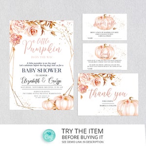 Rosa Kürbis-Babyparty-Set Bearbeitbar | Pastellrosa Kürbis-Babyparty-Paket | Kleiner Kürbis ist unterwegs Digital Printable P1