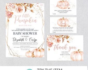 Set Baby Shower Zucca Rosa Modificabile / Pacchetto Baby Shower Zucca Rosa Pastello / Little Pumpkin è in Arrivo Stampabile Digitale P1