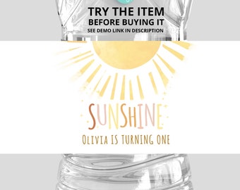 Etiquetas editables para botellas de agua con temática de sol • Decoraciones de cumpleaños para nuestro pequeño sol • Etiquetas de viaje alrededor del sol, pegatinas para botellas de agua S59