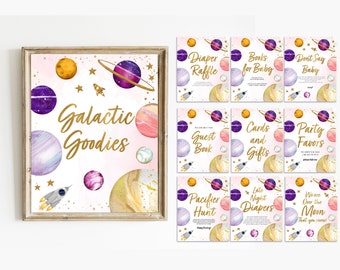 May include: A set of printable signs for a baby shower with a space theme. The signs feature planets, stars, and rockets in shades of purple, pink, and gold. The signs include titles like "Diaper Raffle", "Books for Baby", "Guest Book", "Cards and Gifts", "Party Favors", "Pacifier Hunt", "Late Night Diapers", and "We are Over the Moon that you came!"