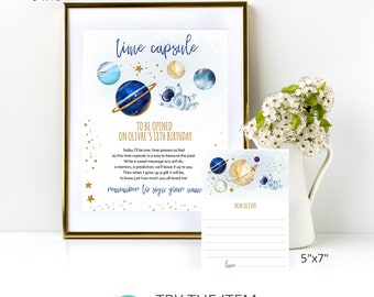 Editable Outer Space Time Capsule First Birthday | First Trip Around the Sun Birthday Girl | Blue Gold Galaxy Guestbook Template SP15