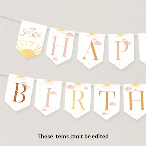 Happy Birthday Banner Little Sunshine Birthday Decorations Sun Bunting Banner Template, First Trip Around the Sun S45
