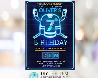 Hockey Themed Birthday Neon Invitation Template 7th Birthday Boy Sports Party Invite Hockey Birthday Invitation IC7