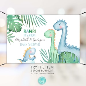 Dinosaur Baby Shower Editable Backdrop Banner Couples Baby Shower Decoration It&#39;s a Boy Greenery Boho Dinosaur Banner DB20
