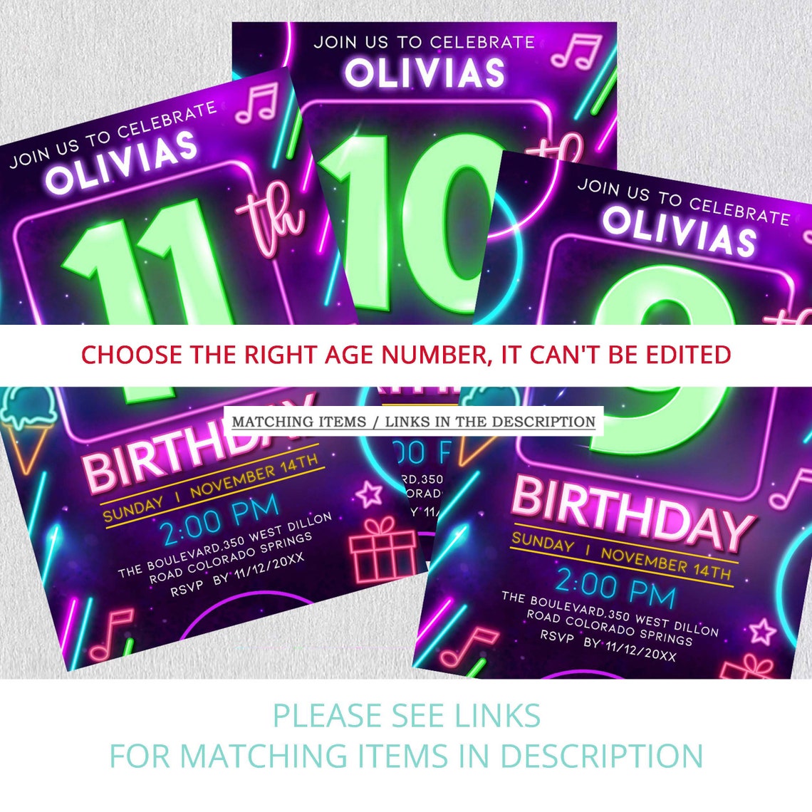 Neon Birthday Invitation Template Girl 7th Birthday Neon Glow - Etsy