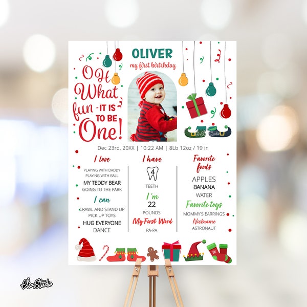 Oh What Fun It Is To Be One Milestone Sign With Photo Baby Milestone Christmas Birthday Party Milestone Template First Winter Birthday WF2