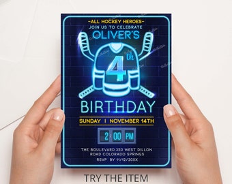 Hockey Birthday Party, Neon Invitation Template, 4th Birthday Invite Boy, Sports Birthday Invite, Hockey Birthday Invitation IC4