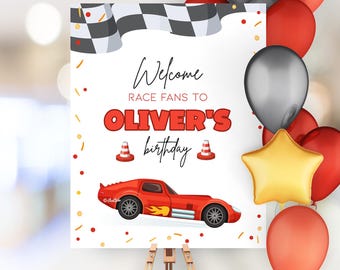 Editable Race Car Birthday Two Fast Two Curious Party Welcome Sign Template Corjl Birthday Decoration CA66
