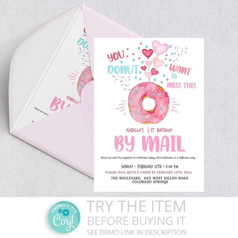 Editable Donut Birthday by Mail Invitation First Birthday 1st by Mail Invitation 100 Sprinkle by Mail Invitation