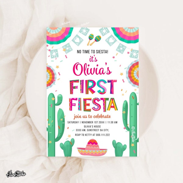 First Fiesta Birthday Party Invitation, 1st Birthday Invitation Girl, First Fiesta Party, First Fiesta Invitation Template, Cactus F204