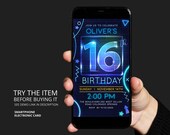 Neon Text Message Invite Boy 16th Birthday Smartphone Invitation Let's Glow Crazy Party Electronic Invite Template Corjl NE16