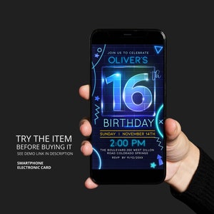 Neon Text Message Invite Boy 16th Birthday Smartphone Invitation Let&#39;s Glow Crazy Party Electronic Invite Template Corjl NE16