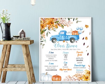 Tabellone per le pietre miliari del compleanno di zucca Cartello per le pietre miliari della festa di compleanno del camioncino della zucca blu Cartello per il compleanno modificabile Cartello per il primo compleanno P281