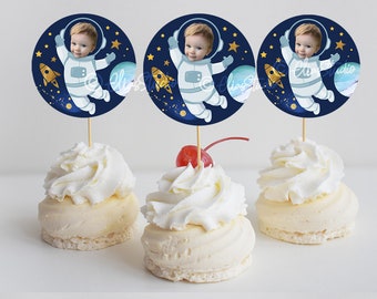 First Trip Around the Sun Personalized Cupcake Toppers Space Birthday Cupcake Toppers Photo Cupcake Toppers Photo Astronaut Cupcakes SP4778