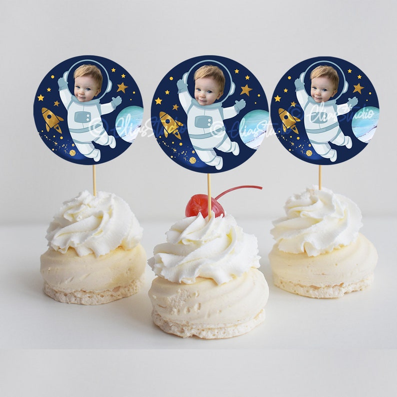 First Trip Around the Sun Personalized Cupcake Toppers Space Birthday Cupcake Toppers Photo Cupcake Toppers Photo Astronaut Cupcakes SP4778 image 1