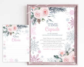 May include: A framed time capsule print and a matching card. The print has a pink floral border with text that reads "Time Capsule to be opened on Olivia's 18th Birthday." The card says "Dear Olivia."