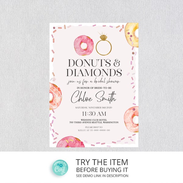 Donuts and Diamonds Bridal Shower Invitation, Editable Bridal Shower Template | Donuts and Diamonds Theme | Brunch or Breakfast Shower /026