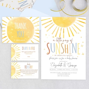 Set di inviti neutri per baby shower Sunshine, un piccolo modello di invito per baby shower con raggio di sole, bundle stampabile digitale Corjl S39