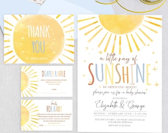Sunshine Baby Shower Neutral Einladung Set ein kleiner Sonnenstrahl Baby Shower Einladung Vorlage Bundle Digital Printable Corjl S39