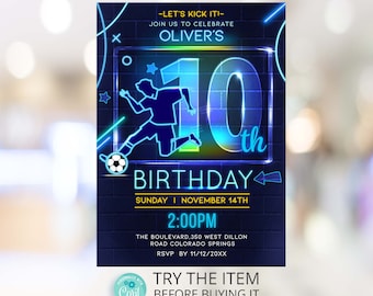 Neon Soccer 10th Birthday Invitation Template (Digital Download)