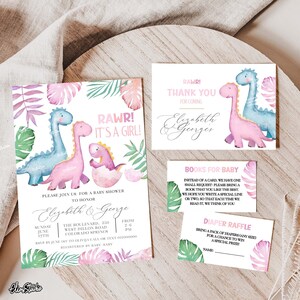 May include: A baby shower invitation with a pink and blue dinosaur theme. The invitation features a pink and blue dinosaur with a pink egg. The text on the invitation reads "RAWR! It's a girl!" and includes the names "Elizabeth & George".