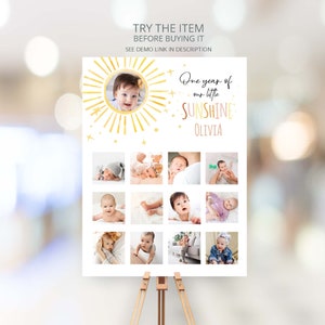 Sunshine Birthday Baby&#39;s First Year Photo Poster Template, Baby Milestone Board Photo Collage first Flight Around the Sun S8