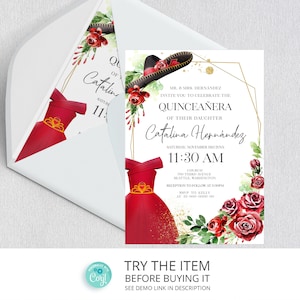 Editable Red Quinceanera Invitation Template with Gold Dress | Burgundy Floral Quinceanera Invitation, Mis Quince Años 15th Birthday /825