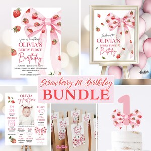Bundle d'anniversaire fille aux fraises, lot d'Invitation de premier anniversaire de baies, noeud premier anniversaire invite numérique SB42