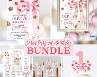 Strawberry Birthday Bundle, Berry First Birthday Invitation bundle, Bow First Birthday Invites Digital SB42