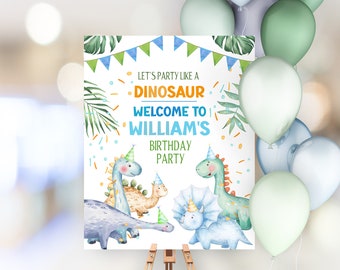 Dinosaur Boy Birthday Party Welcome Sign Template, Dinosaurs with Birthday Hats Greenery Boho Dinosaur party Decor DB27