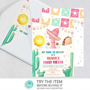 Editable First Fiesta Birthday Invitation Template 1st Birthday Fiesta Girl  Invitations Let&#39;s Fiesta Mexican Cactus Succulent Invite F43